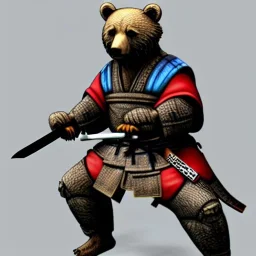 Un ours, anthropomorphique, habillé comme un samurai, portant un katana, très detaillé, réaliste, très détaillé, représentation 3d, très précis.