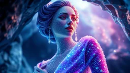 Gorgeous woman created from diamond, silk, diamonds, gems, sparkling dots, in crystal cave background, style Darek Zabrocki, magic realism, gradient colors, cinematic lighting, bokeh, Ultra-detailed Quality 3D, 3d render octane, Unreal engine 5 effects, VFX, Isometric, Made in blender, 8k sharp focus, cinematic, ultrahd, highly detailed, ultra photorealism fantasy