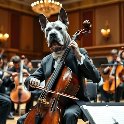 a gray pit bull wearing a nice suit playing the cello in the centre .of a big orchestra