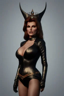 Raquel Welch as evil queen in black leather, leather, busty, cleavage, angry, stern look. character design by cory loftis, fenghua zhong, ryohei hase, ismail inceoglu and ruan jia. unreal engine 5, artistic lighting, highly detailed, photorealistic, fantasy