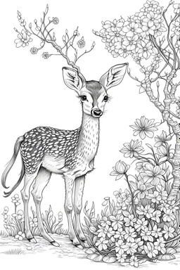 outline art with pencil sketch art for { A shy deer fawn hiding behind a flowering cherry blossom tree, its mother grazing nearby in a sun-drenched meadow}with floral background pencil sketch style,full body only use outline with black and white outline and make a floral backgound with black and white background