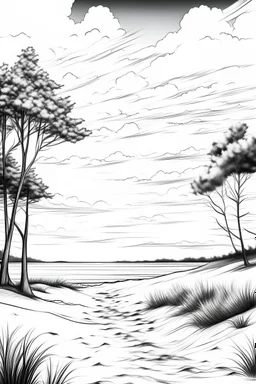 create:high resolution "realistic", 2D line art design, white background, "sandy beach with trees" clean sky with 2 clouds, for coloring page, smooth vector illustration, monochrome,