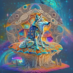 celestial psychedelic wolf made of fractals wearing a mexican jacket sitting on a giant mushroom in between stars, extatic, happy