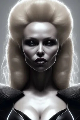 Pamela Anderson as evil queen in black leather, leather, busty, cleavage, angry, stern look. character design by cory loftis, fenghua zhong, ryohei hase, ismail inceoglu and ruan jia. unreal engine 5, artistic lighting, highly detailed, photorealistic, fantasy