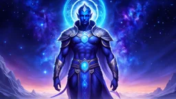 Full body portrait of a peaceful guardian God of the galaxies with a blue indigo purple skin, high skul, luminous eyes