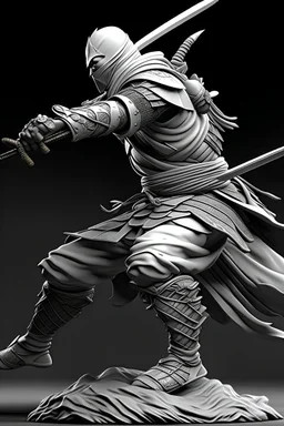 samurai warrior in fight pose grey and white hyper realistic 3d cnc