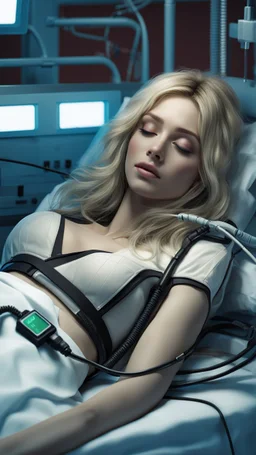 photorealistic hyperdetailed very small young woman with dirty blonde hair lying asleep on a hospital large bed with a heart monitor and iv lines attached fantasy