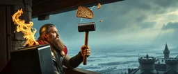 Movie poster portrait. The mighty God Thor sees the hammer toaster on a pole, spit out one slice in his face. The bread is jumping over his head. In the style of Rembrandt and "Gods of Fallout 4". He is sitting on the balcony of his castle, with a great view over the frozen valley. He is trying to grab the bread quickly. "Fali' ja." Darkened edges with dragon border.