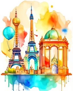 an open bag full of world monuments,Taj Mahal, Statue of Liberty,The Eiffel Tower, London Burjal Arab Hotel,Tower of Pisa , in watercolor and oil painting style