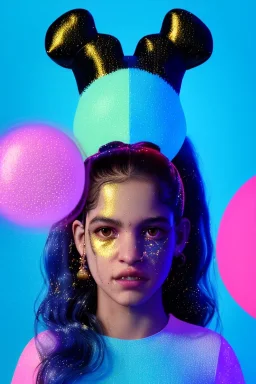 Rosalía artist, Ultra Realistic image, waist up portrait, perfect gold teeth, black eye line, sweet face, pigtails hair, spray line make up, geometric, gold, big rings piercing, led ornament, bubble latex coat, inflatable, cold, led lights, geometric, neon, pink, blue, gold, vibrant color, highly detailed, art stations, concept art, smooth, unreal engine 5, god rays, ray tracing, RTX, lumen lighting, ultra detail, volumetric lighting, 3d, finely drawn, high definition, high resolution.