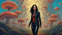 woman with black hair, in leather trousers and jacket, walking through Alien mushrooms with jellyfish tentacles in an alien forest, photorealistic, Deep Colour, Intricate Detail, sunshine, blue sky