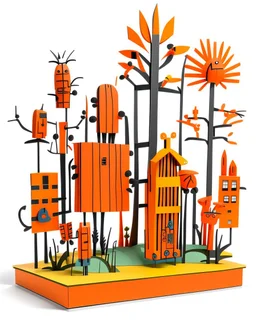 An orange colored metal forest with bugs designed in Navajo woven art painted by Stuart Davis