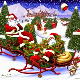 art by thomas kincaid, giant snails pulling a sleigh for santa claus