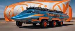 A national geographic award-winning photograph of a military fighter jet station wagon elephant hybrid bilaterally symmetrical designed by skunkworks, only one vehicle per image painted metallic orange traveling at a high rate of speed, jet intake off of the front center of vehicle and jet exhaust out the rear with bright blue flame soviet retrofuturism, cassette tape futurism, sleek but squared, tremendous nuclear powered engine