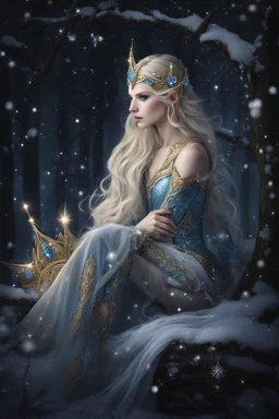 Elven princess,elven crown,long blonde golden hair,rapunzel hair,ice flowers,beautiful,light blue,dark blue,golden armor,sparkle,glitter,ice flowers,snow,elven ears,dark fairy princess