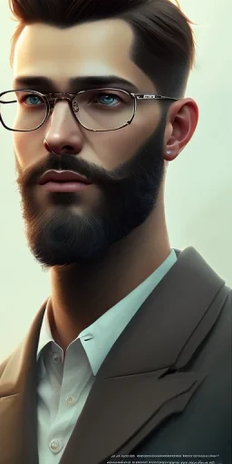 boy, young, glasses, beard, brown hair, brown eyes, medium hair, bangs side part, head and shoulders portrait, head and shoulders portrait, 8k resolution concept art portrait by Greg Rutkowski,