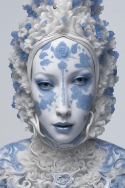 a woman made out of porcelain, in the style of balanced symmetry, white and blue, detailed facial features, organic forms, meticulous portraiture, complex patterns --ar 1:2 --stylize 350 --c 2 --v 6. 0