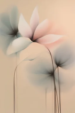 Pastel on sanded paper, Whispering petals, A pastel artwork on sanded paper portraying abstracted and whispering petals, epitomizing the minimalist allure of Japandi art, where each stroke and shade contributes to the delicate dance of nature. Pastel, whispering petals, minimalist elegance,