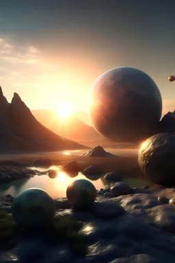 hyperrealistic landscape with three planets on another planet with rocks at sunrise