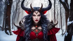 winter, picture of a (female demon:1.1), epic demon with horns, official hdr work, red blood, intricate wlop, howard brody, tarot card fool, nationalist, imaginfx, old scroll, magic forest, soft light