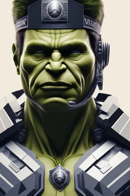 4K Ultra-HD -- the Hulk with buzz cut hair wearing a formfitting camouflage jumpsuit with police badge and metal brodie helmet. and black cape-- 4k Ultra-HD, Hyper Realistic, Cinema lighting