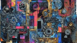 A surreal abstract composition with geometric shapes, gears, and mechanical elements in shades of black, gray, and pink