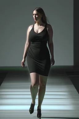 full_body_shot_of_a_hyper_realistic_ultra_detailed_photograph_of_a_beautiful curvy sexy clothes ,female model walking down a runway at a fashion show dark atmosphere sp ot light detailed symmetric beautiful