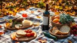 autumn picnic, there is a bottle of wine on the bedspread, fruits and vegetables, cheese and bread, tomatoes, cucumbers, hyperdetalization, premium photos, version 6.1