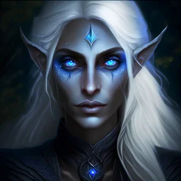 dnd, realistic portrait, stunningly beautiful, drow dark elf, female, strong, blue eyes, cleric of the moon, moogodess, good, peaceful, at one in nature, kind, looks to be 25 years old