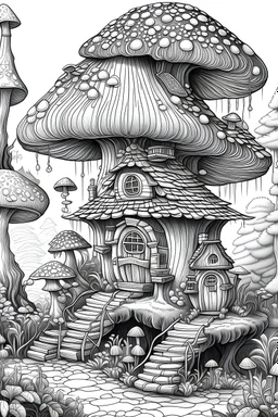 mushroom tree house in the forest Coloring Book for Adults and Kids, Instant Download, Grayscale Coloring Book