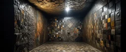 A gray metallic cave with iron designed in ancient Greek mosaics painted by Paul Klee