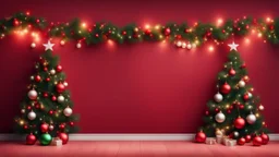 Hyper Realistic Christmas Background For YouTube Lyrical On Plain Red Wall, With Garland Lights And Christmas Decorations.