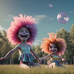 Ultra realistic circus scene. Sweet big hair monster. Child’s playing, smile, happy, color bubbles, smooth color, waist up view, Wes Anderson style, dark ambient, highly detailed, concept art, unreal engine 5, god rays, ray tracing, RTX, lumen lighting, ultra detail, volumetric lighting, 3d, finely drawn, high definition, high resolution.