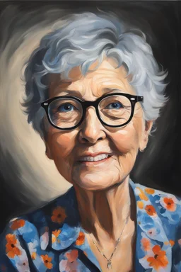 Oil paint on canvas, chiaroscuro, deep shadows, masterpiece, happy, 2020 caught off guard, 79-year-old Phyllis Kendall, short pixie-cut, shag-cut straight, dark salt and pepper hair, overweight, blue eyes, great big, round lensed eyeglasses, wearing a black, floral print, short-sleeved, pull-over shirt, dark blue sweatpants, sitting at the computer checking her emails