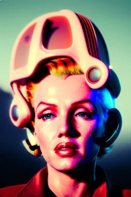 Ultra Realistic retro sci-fi scene, portrait, blonde woman, sweet young Marilyn Monroe face, perfect iris, tight latex coat, Strange planet background, Retro sci-fi style helmet. fog, rain, soft color, highly detailed, unreal engine 5, ray tracing, RTX, lumen lighting, ultra detail, volumetric lighting, 3d, finely drawn, high definition, high resolution.