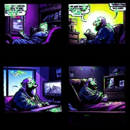 comicbook, 2 panels, bright colors, in the left panel, a fat, bearded man watches the tv, (in the right panel, (side angle view:1.2)of the tv), background is a haunting dimly lit, decrepit room.The atmosphere should be chilling, with shadows and decay adding to the eerie ambiance.