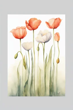 A minimalist watercolor painting of a group of poppies and tulips with a white background, inspired by the work of Luke Chueh. The flowers are losing their petals, but remain beautiful in their imperfection. The muted colors evoke a sense of poetry and spiritual evolution, while the connectedness of the flowers is emphasized by their placement on a postage stamp. This painting would make a great addition to any Pinterest board.