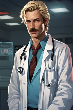 The Doctor is a little over six foot tall, in his mid thirties, with blond hair and pale blue eyes. He has attractive features with a strong jaw line. His blond hair has a slight disheveled look, and he has a well maintained thick blond mustache. He generally wears a white doctors lab coat with a bit of blood splattered at the bottom edges. Under his doctors lab coat he usually wears a Hawaiian flowery shirt. When not in surgery, photorealistic