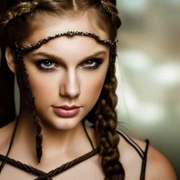 beautiful young queen with white armor, delicate white braided hair with ponytail, glass eyes, highly detailed, 8k, ambient light, taylor swift