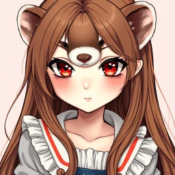 a close-up headshot of a chibi woman with long brown hair, red eyes, brown ferret ears, a mischievous expression, American clothes, intricately detailed, masterpiece