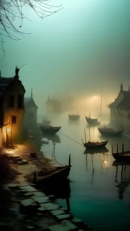 Qaitbay Citadel in Alexandria, fishermen’s boats anchored around it, fishermen putting fishing nets on their boats, fog covering the place, the moment the sun rises