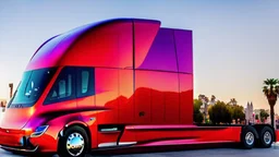 A Tesla semi-truck is parked, at the 'Universal Studios Hollywood', in Los Angeles. CINEMATIC. WIDE ANGLE LENS.