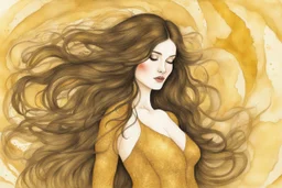 Dynamically dancing long haired brunette woman, in Klimt style, in ochre, watercolor and ink, golden glitters