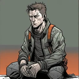 man, ethan hawk, looking at the floor, looking serious, comic book, post-apocalypse, grey background, illustration,