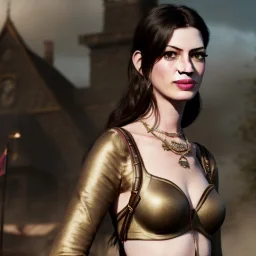 only perfect Anne Hathaway, wearing victoria secret, village, highly realistic, highly detailed, viking clothes, mist around, smoke