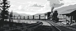 old western railroad, grayscale, illustration