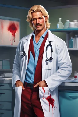 Mid-thirties, Caucasian male doctor, kind smile, blonde hair (slightly disheveled) thick blonde mustache, pale blue eyes, broad shoulders, muscular, six foot, Hawaiian shirt under white lab coat with bloodstains at the edges. Strong Jaw line, photo realistic