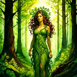 create an oil and watercolor full body portrait of a forest dryad enchantress , with highly detailed, sharply lined facial features, in the deep forest of Brokilon , finely inked, in rustic colors, 4k in the style of Maxfield Parrish