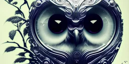 Big Mirror eyed owl on a wet branch. aged. chrome & neon ultra ornate cyborg, engrave everything. clarity. old. dusty.