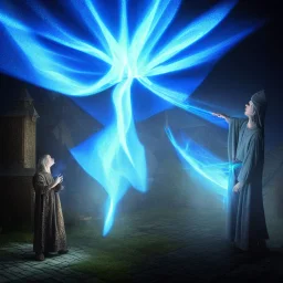 Cleric casting a magic spell, shingled rooftop view, projecting a light transluscent sparlky blue shield hologram , dark storm approaching, 8k resolution, high-quality, fine-detail, iridescent, intricate, detailed matte, volumetric lighting, illustration, brian froud, howard lyon, selina french, anna dittmann, annie stokes, lisa parker, greg rutowski, simon stalenhag